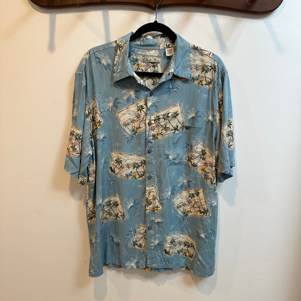 Batik Bay Mens Large Blue Tropical Postcard Palm Tree Rayon Hawaiian Shirt L